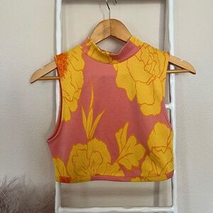 Zara Tropical Print Pink and Yellow Turtleneck Crop top Size M